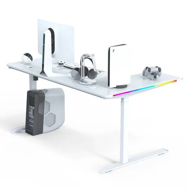 L-Shaped 160cm RGB Gaming Desk with Cup & Headset Holder - White