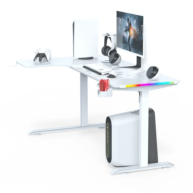 L-Shaped 160cm RGB Gaming Desk with Cup & Headset Holder - White