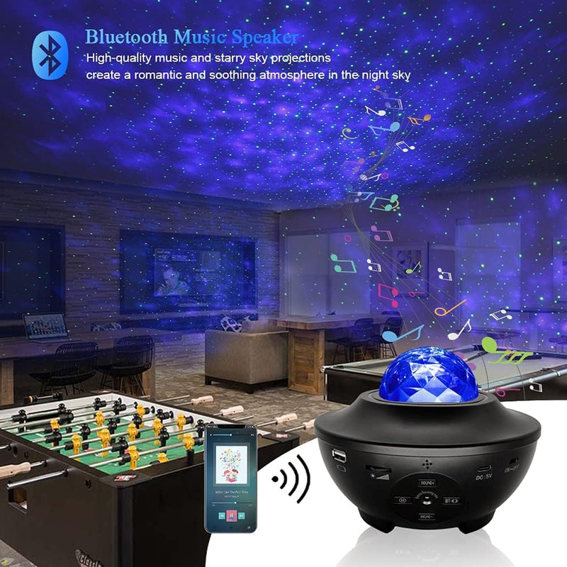 Starry Night Light Projector, Sky Galaxy Ocean Wave Projector Light with Remote Control & Bluetooth Speakers