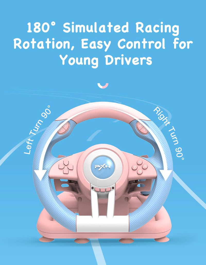 PXN V3 Pro 180 Degree Steering Wheel with Pedals, Vibration Feedback fot for PC, PS3, PS4, Xbox One & Series XS, Nintedno Switch - Blue/Pink