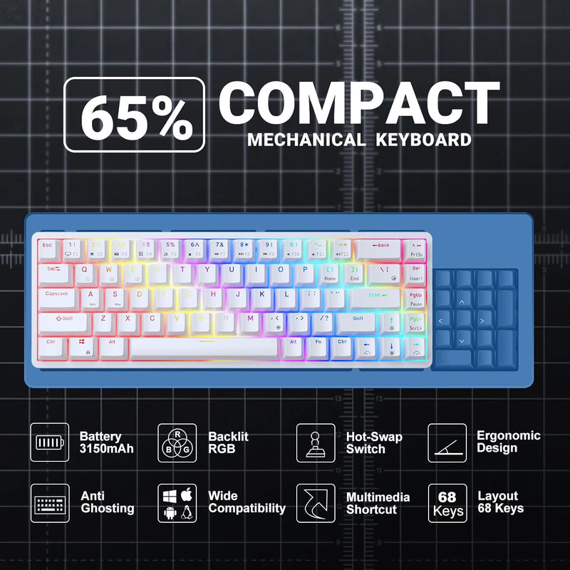 RK ROYAL KLUDGE RK68 | RK837 65%  Triple Mode Wireless Bluetooth5.1/2.4G/Wired, Hot Swappable Mechanical Gaming Keyboard, 68 Keys RGB - White