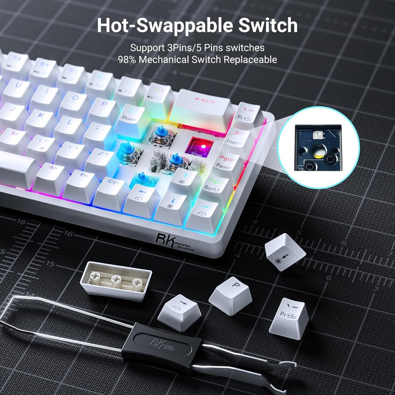 RK ROYAL KLUDGE RK68 | RK837 65%  Triple Mode Wireless Bluetooth5.1/2.4G/Wired, Hot Swappable Mechanical Gaming Keyboard, 68 Keys RGB - White