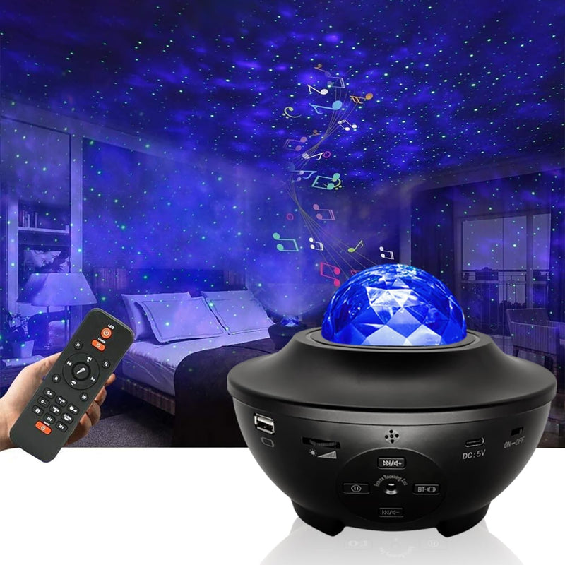 Starry Night Light Projector, Sky Galaxy Ocean Wave Projector Light with Remote Control & Bluetooth Speakers