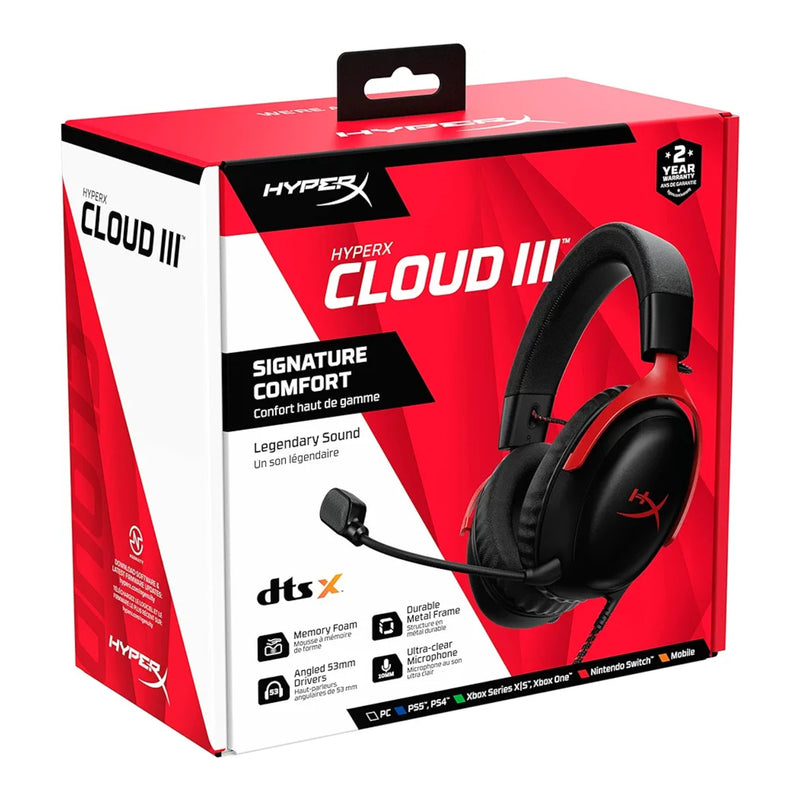 HyperX Cloud III – Wired Gaming Headset, PC, PS5, Xbox Series X|S, Angled 53mm Drivers, DTS Spatial Audio, Memory Foam, Durable Frame, Ultra-Clear 10mm Mic, USB-C, USB-A, 3.5mm – Black/Red