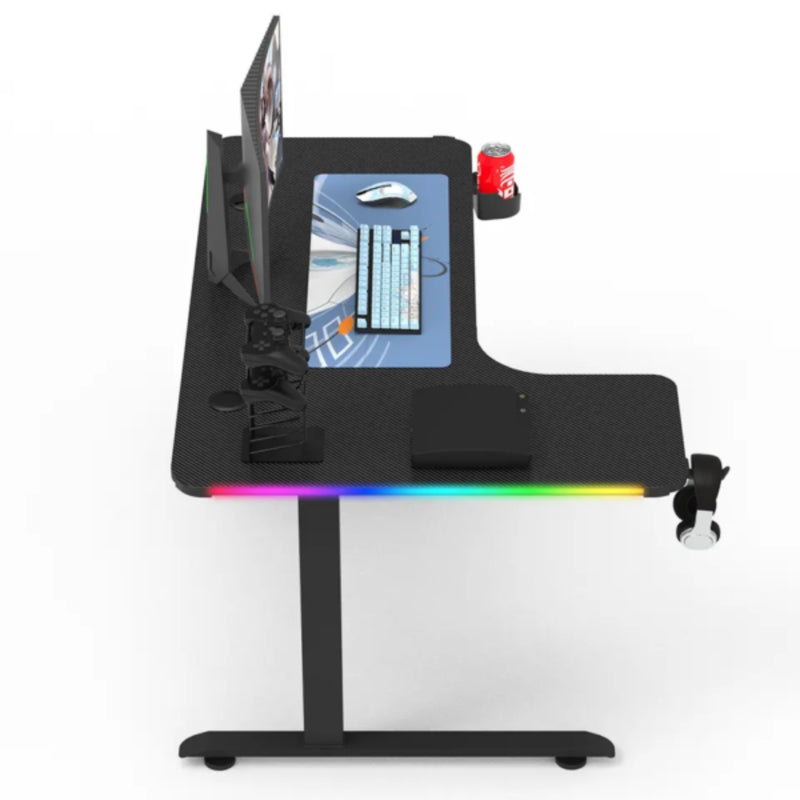 L-Shaped 160cm RGB Gaming Desk with Cup & Headset Holder - Black