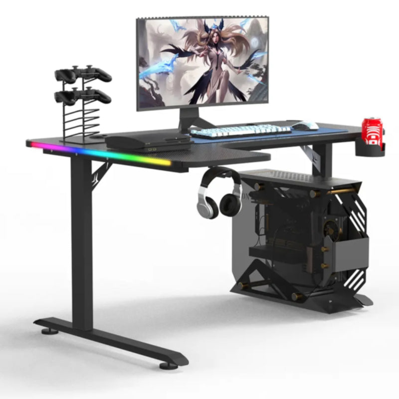 L-Shaped 160cm RGB Gaming Desk with Cup & Headset Holder - Black