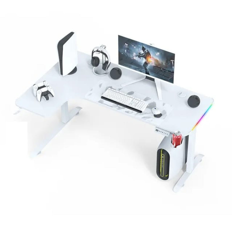 L shaped 160cm RGB Gaming Desk with Cup & Headset Holder - White