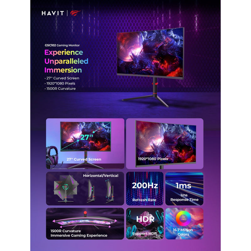Havit GSC102 27" inch 200Hz Full HD 1920×1080 VA Curved Gaming Monitor