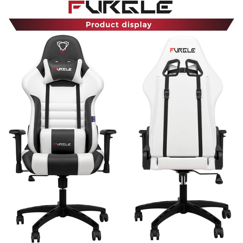 Furgle Gaming Chair, Racing Style High-Back Office Chair with Adjustable Armrests, PU Leather Ergonomic Video Game Chair with Headrest and Lumbar Support, Rocking Mode - White