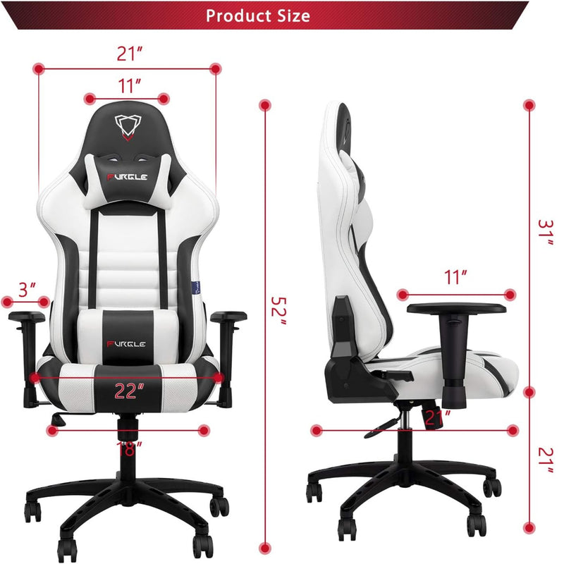Furgle Gaming Chair, Racing Style High-Back Office Chair with Adjustable Armrests, PU Leather Ergonomic Video Game Chair with Headrest and Lumbar Support, Rocking Mode - White