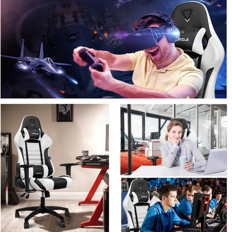 Furgle Gaming Chair, Racing Style High-Back Office Chair with Adjustable Armrests, PU Leather Ergonomic Video Game Chair with Headrest and Lumbar Support, Rocking Mode - White