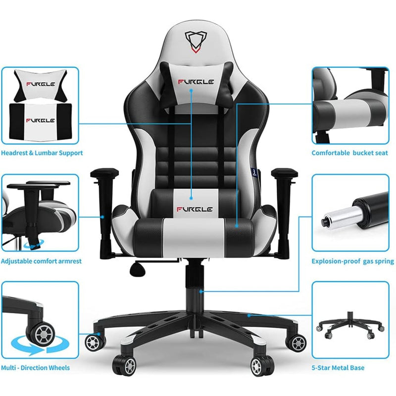 Furgle Gaming Chair, Racing Style High-Back Office Chair with Adjustable Armrests, PU Leather Ergonomic Video Game Chair with Headrest and Lumbar Support, Rocking Mode - Black/White