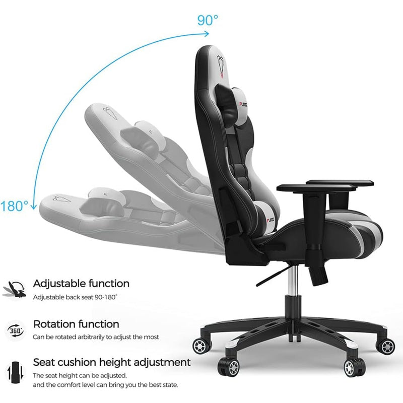 Furgle Gaming Chair, Racing Style High-Back Office Chair with Adjustable Armrests, PU Leather Ergonomic Video Game Chair with Headrest and Lumbar Support, Rocking Mode - Black/White