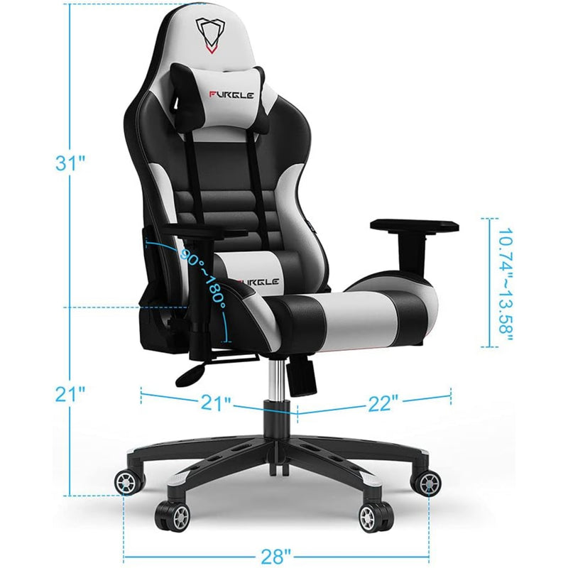 Furgle Gaming Chair, Racing Style High-Back Office Chair with Adjustable Armrests, PU Leather Ergonomic Video Game Chair with Headrest and Lumbar Support, Rocking Mode - Black/White
