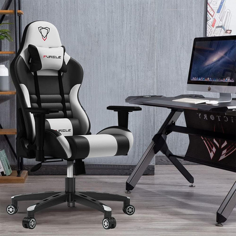 Furgle Gaming Chair, Racing Style High-Back Office Chair with Adjustable Armrests, PU Leather Ergonomic Video Game Chair with Headrest and Lumbar Support, Rocking Mode - Black/White