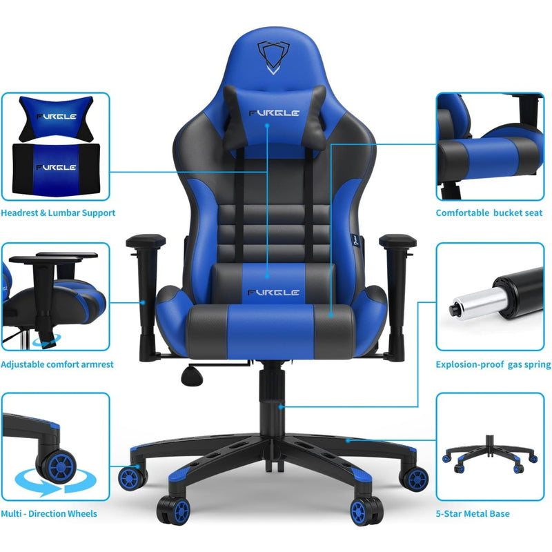 Furgle Gaming Chair, Racing Style High-Back Office Chair with Adjustable Armrests, PU Leather Ergonomic Video Game Chair with Headrest and Lumbar Support, Rocking Mode - Black/Blue