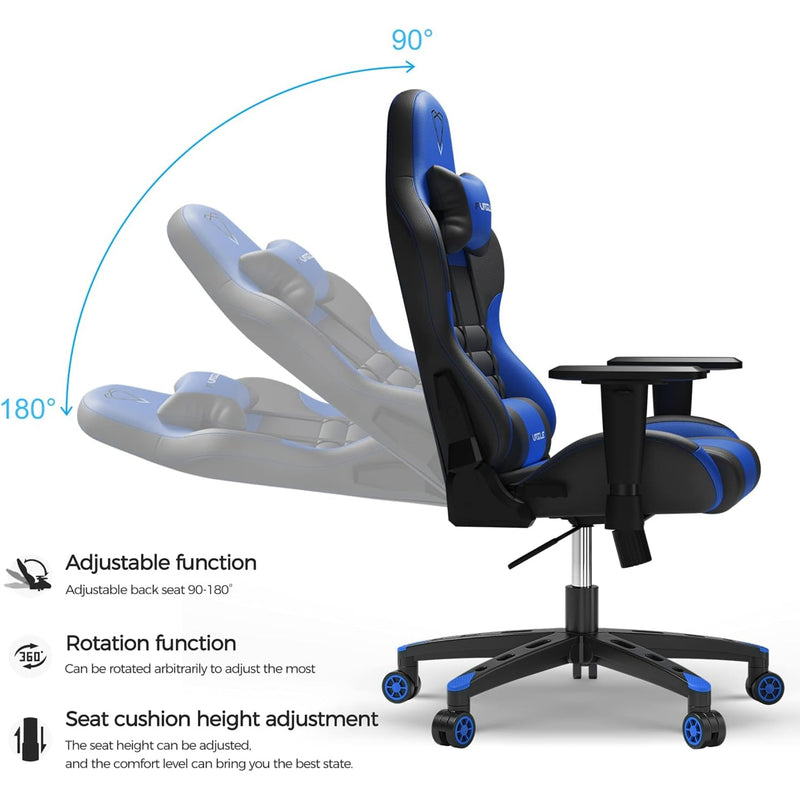 Furgle Gaming Chair, Racing Style High-Back Office Chair with Adjustable Armrests, PU Leather Ergonomic Video Game Chair with Headrest and Lumbar Support, Rocking Mode - Black/Blue