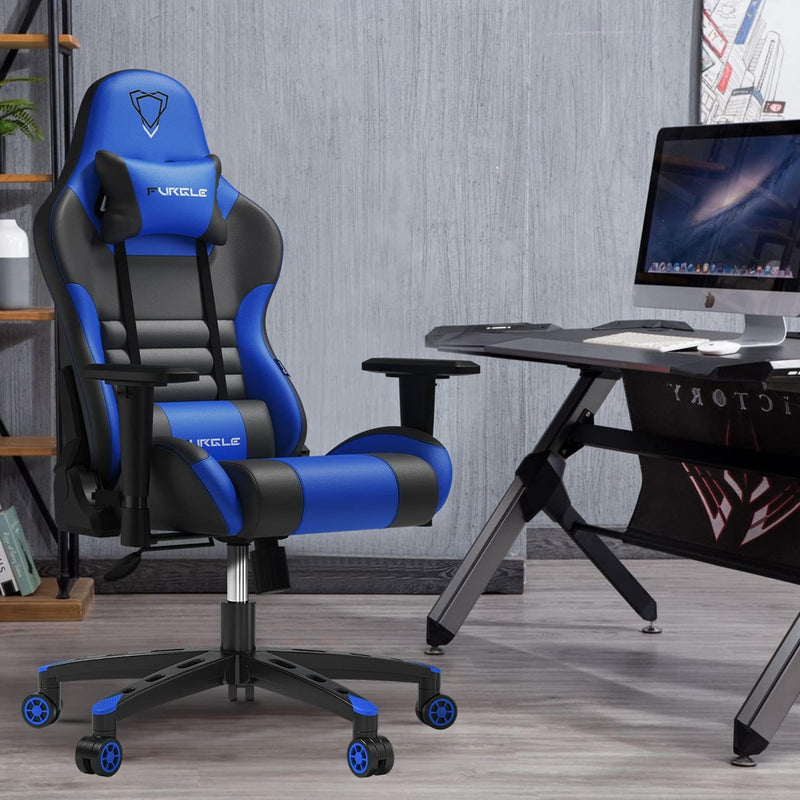 Furgle Gaming Chair, Racing Style High-Back Office Chair with Adjustable Armrests, PU Leather Ergonomic Video Game Chair with Headrest and Lumbar Support, Rocking Mode - Black/Blue