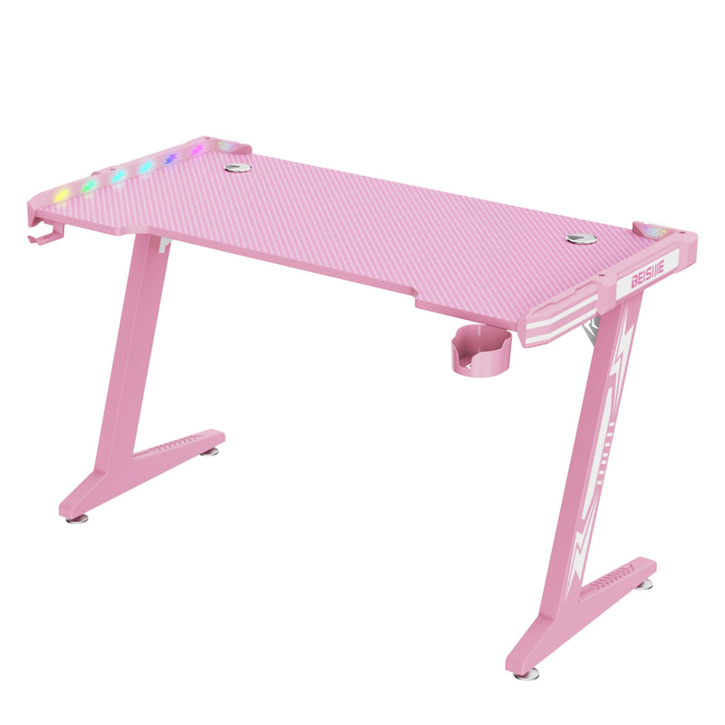 Z8 pink Gaming Desk with Led Lights, Headset Holder & Cup Holder - Pink