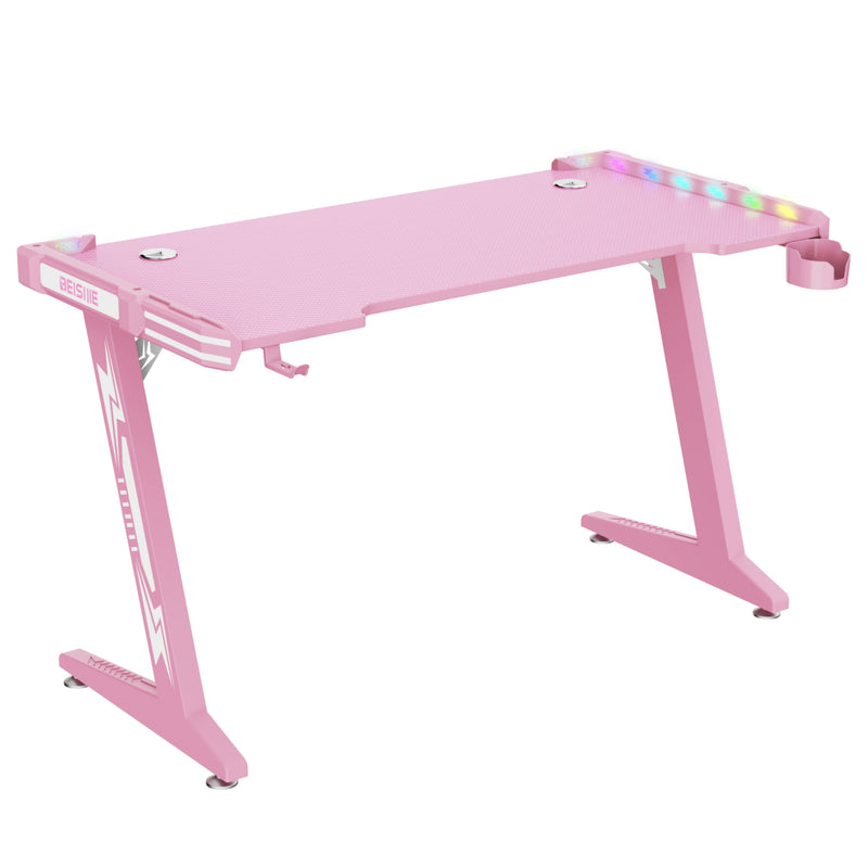 Z8 RGB Gaming Desk with Led Lights, Headset Holder & Cup Holder - Pink