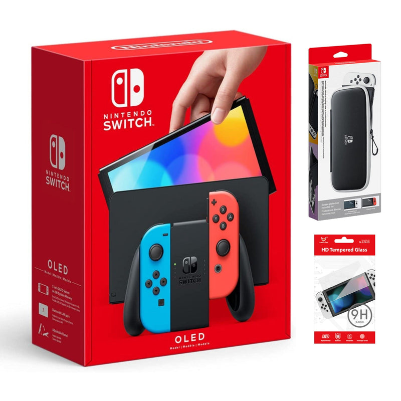 Nintendo Switch OLED Model Console - Neon Red & Neon Blue Joy-Con with a Free Case and Screen Protector