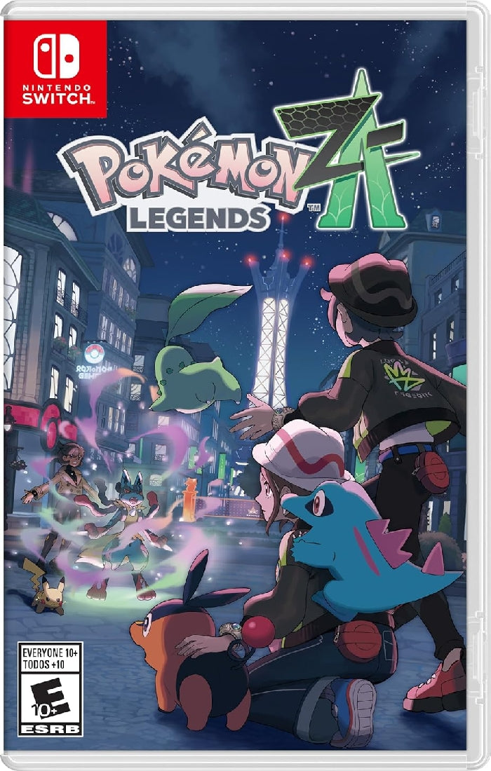 Pokémon Legends A  game cover for Nintendo Switch with characters and cityscape.