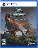 Game box for 'Jurassic World Evolution 3' on PS5 with dinosaurs and a blue border.