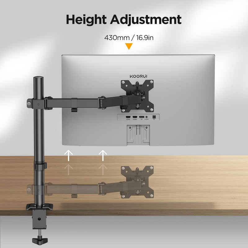 KOORUI KR10G Monitor Stand Desk Mount for 13-32 Inch Monitors, Ergonomic Height Adjustable Monitor Arm with Rotate 360°/ Adjustable Tilt ±72°/ Swivel 360°, VESA 75/100mm