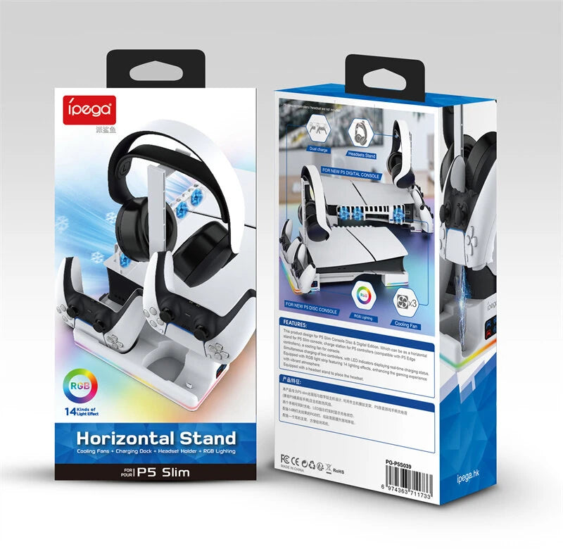 IPEGA RGB Horizontal Cooling Stand with  Charging Station & Headset Holder  For PS5 Slim & Pro