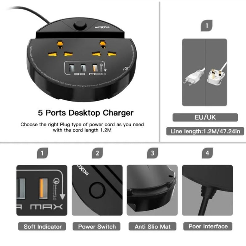 Moxom ST03 Power Socket With 3 USB Fast Charging Ports And Mobile Stand  - Black