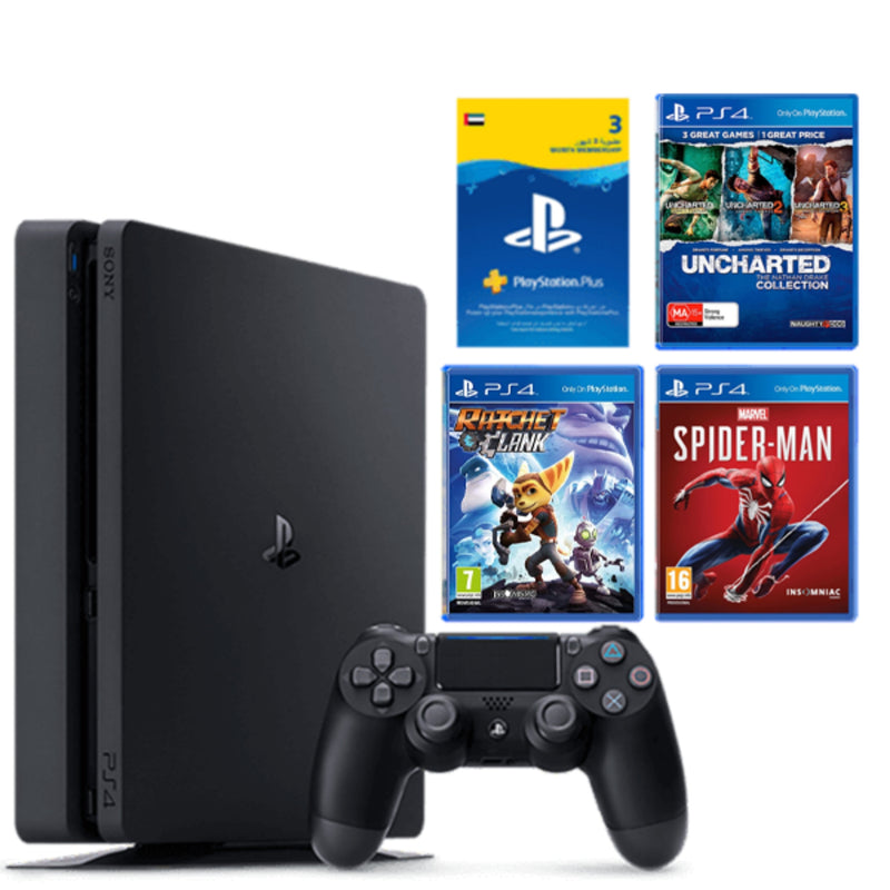PlayStation 4 Slim 500 GB Console Mega Bundle with 3 Games: Ratchet & Clank, Spiderman, Uncharted Collection with 3 Months PSN+ Subscription

