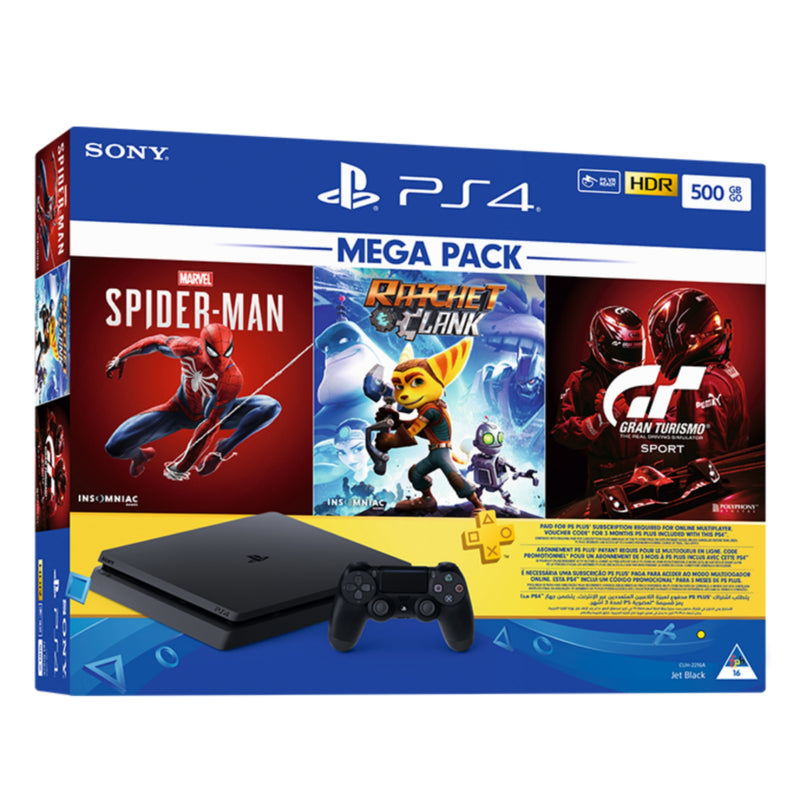 PlayStation 4 Slim 500 GB Console Mega Bundle with 3 Games: Ratchet & Clank, Spiderman, Uncharted Collection with 3 Months PSN+ Subscription  